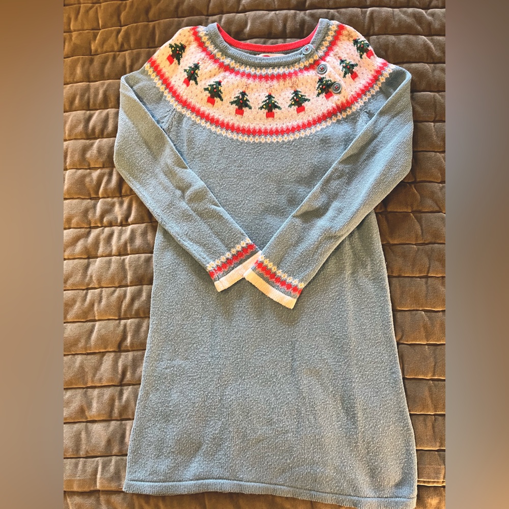 Mini Boden Christmas tree blue sweater dress